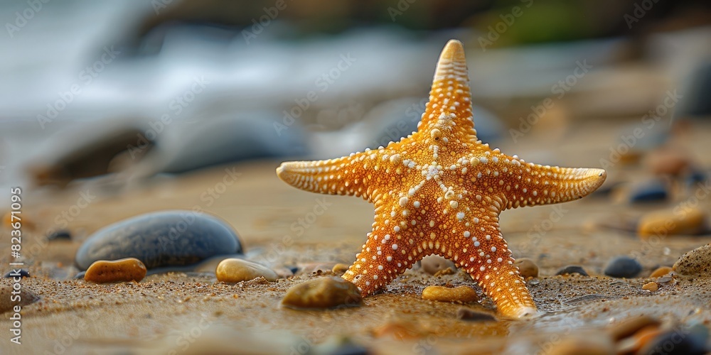 Starfish on a sandy beach with pebbles and blurred sea background, showcasing coastal marine life and natural beauty. Starfish on a sandy beach with pebbles and blurred sea background, showcasing coastal marine life and natural beauty.
