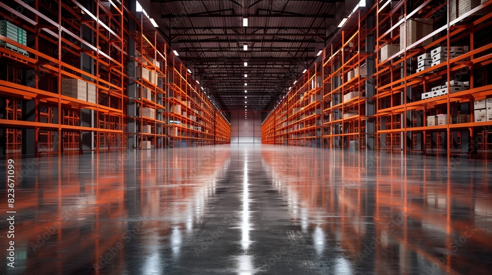 A spacious and empty warehouse featuring orange shelving and bright industrial lighting
