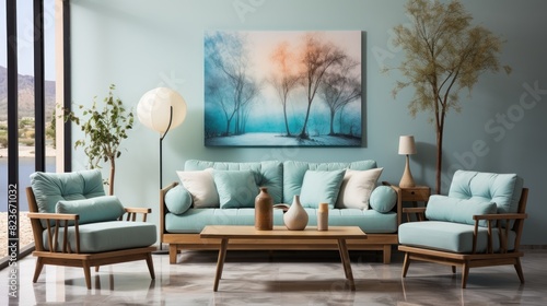 Interior shot of a contemporary living room featuring a couch set with a serene color palette and tasteful decor
