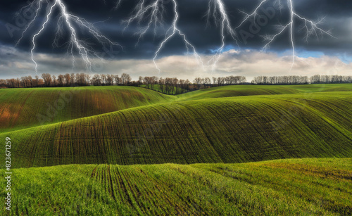 thunderstorm in the field. huge lightning over a hilly field. bad weather in the field. Nature of Ukraine