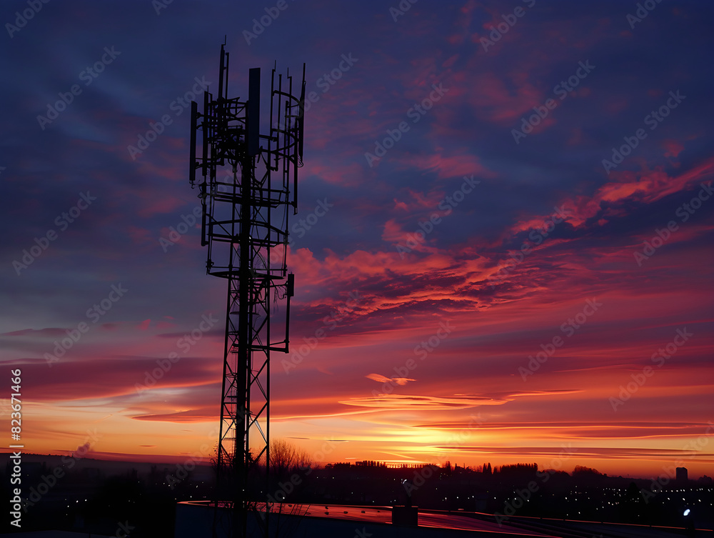 Stunning Sunset Over City Silhouetting Communication Tower with Vibrant Orange, Pink, and Purple Sky | Technology Meets Natural Beauty in Dramatic Evening Scene | Twilight Urban Landscape