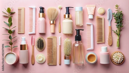 Flat lay composition with brushes and hair care cosmetics on light pink background