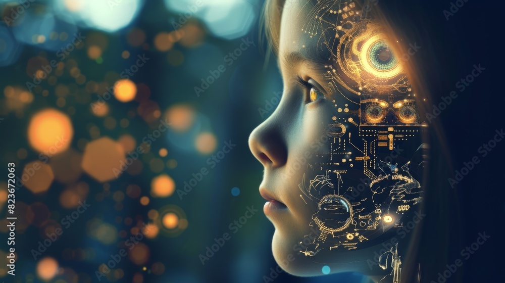Artistic portrayal of a young girl with a face overlay of circuitry and tech symbols, emphasizing future tech integration. Artistic portrayal of a young girl with a face overlay of circuitry and tech symbols, emphasizing future tech integration.