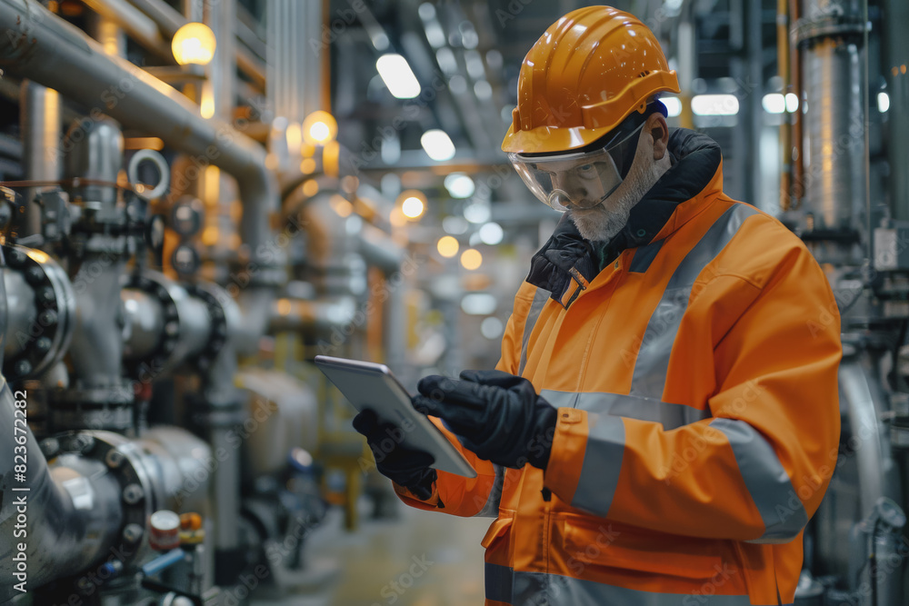 Worker in safety gear using a tablet to monitor nocturnal activities at an industrial plant Worker in safety gear using a tablet to monitor nocturnal activities at an industrial plant