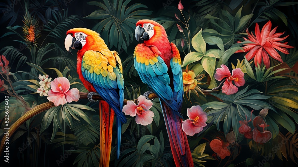 Two colorful macaws perched on a branch in a lush tropical jungle.