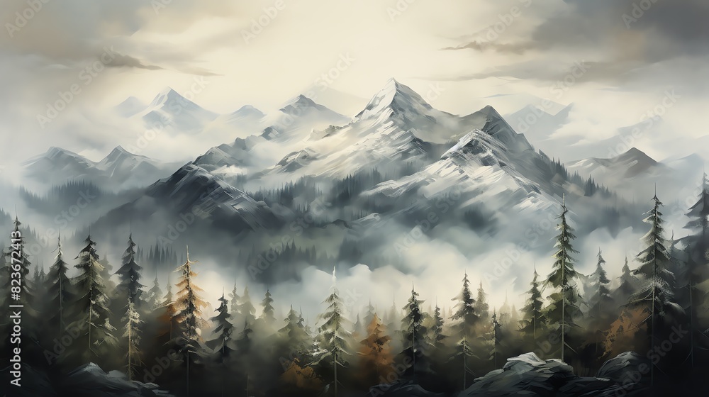 Misty mountain range with snow-capped peaks and a forest of evergreen trees. Misty mountain range with snow-capped peaks and a forest of evergreen trees.