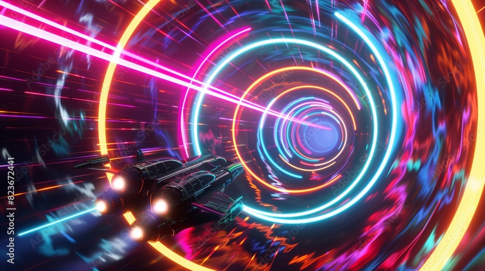 A futuristic starship zooming through a neon hyper warp tunnel, surrounded by concentric rings of colorful energy, creating a mesmerizing visual spectacle, A futuristic starship zooming through a neon hyper warp tunnel, surrounded by concentric rings of colorful energy, creating a mesmerizing visual spectacle,