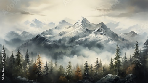 Misty mountain range with snow-capped peaks and a forest of evergreen trees. photo