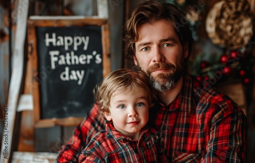 Father and son, clad in red plaid, pose by old white ladder against wall photo