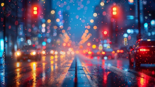 A rain-soaked street with shimmering bokeh light reflections from traffic