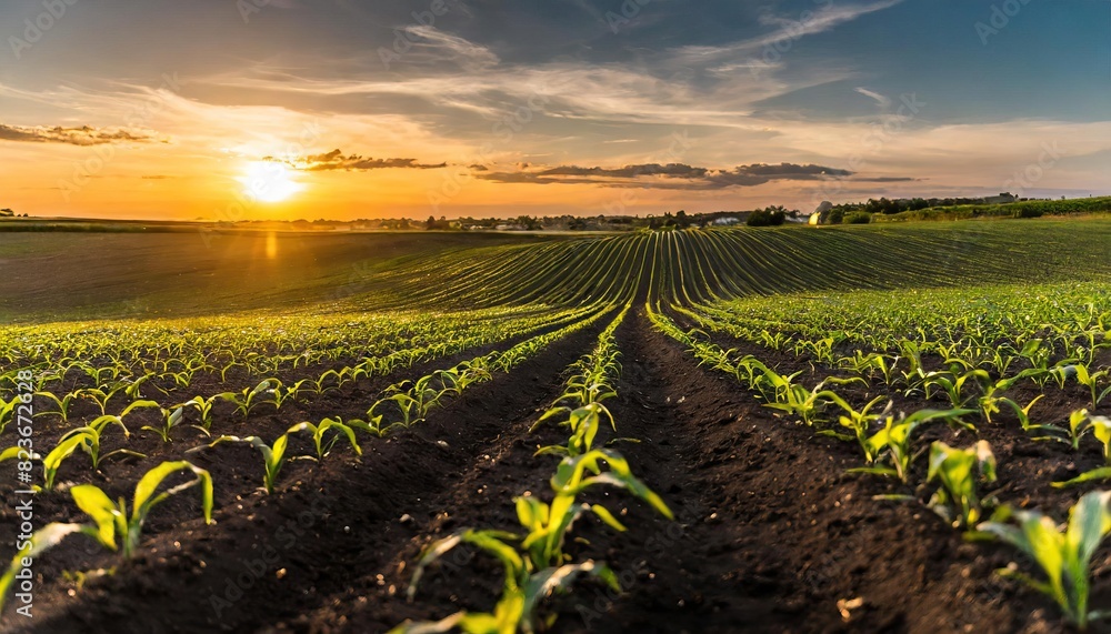 Rows of young corn plants on a fertile field with dark soil Green corn field in the sunset Green corn maize field in early stage Rows of young corn plants on a fertile field with dark soil Green corn field in the sunset Green corn maize field in early stage
