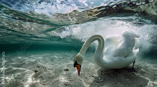 The swan dives gracefully underwater in search of food photo