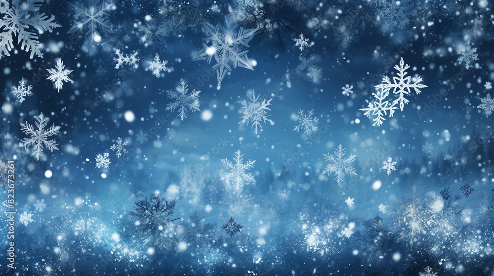 Abstract background with falling snowflakes on blue backdrop.
