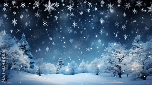 Snowy winter forest with falling snowflakes and a starry sky.