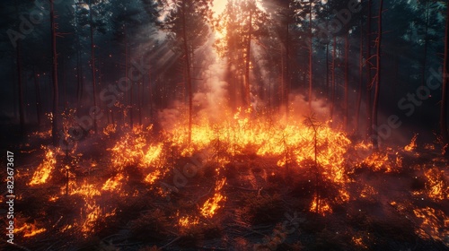 A chilling scene of a forest fire, trees ablaze with fierce flames under a smoke-filled sky photo