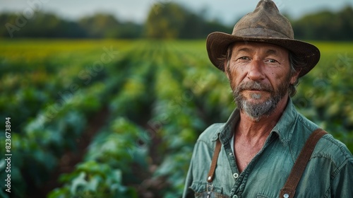 A close-up of an experienced farmer in a hat with a backdrop of lush green crops The image conveys hard work and dedication to agriculture