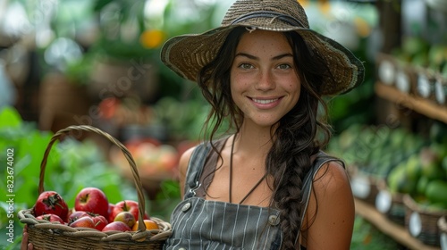 A radiant young woman with a braid, in overalls, holding a basket of apples, enjoying her time in a fruitful orchard © familymedia