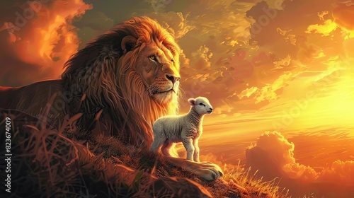 majestic lion and gentle lamb coexisting in vibrant sunset landscape digital painting
