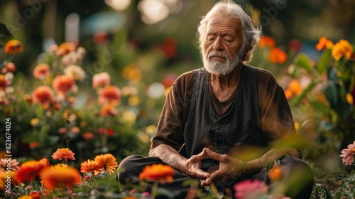 An older man sits in a field of flowers  meditating