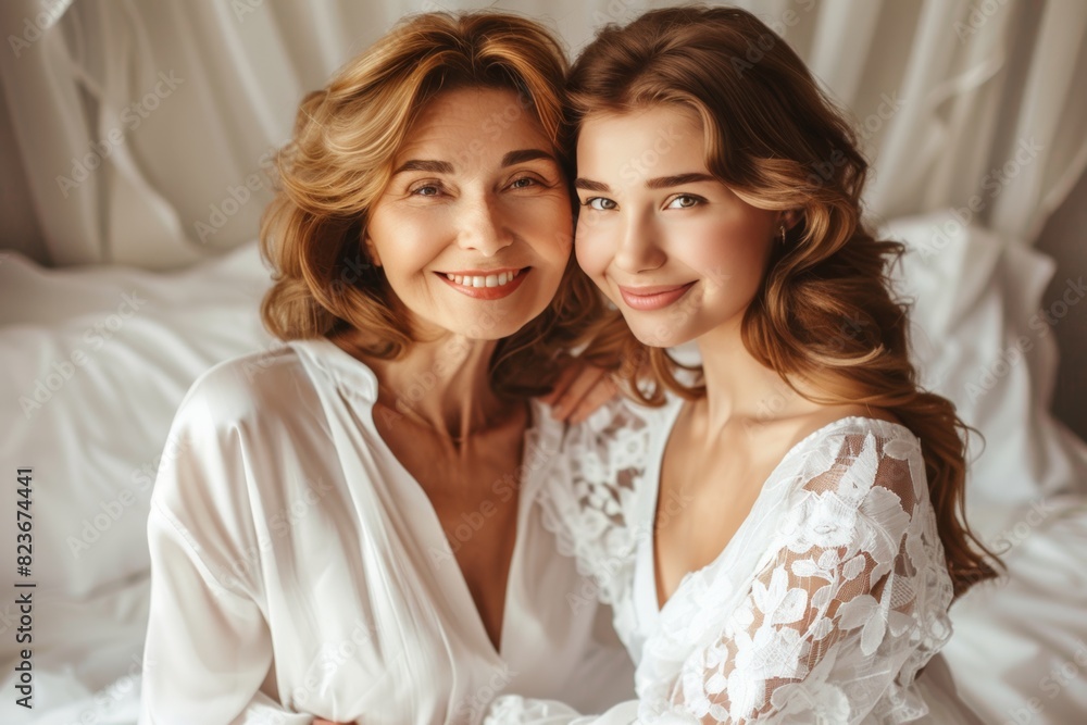 Radiant mother and daughter in elegant white attire sharing a warm embrace Radiant mother and daughter in elegant white attire sharing a warm embrace