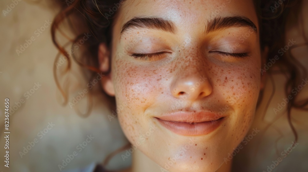 A woman with red hair and freckles is smiling and looking at the camera A woman with red hair and freckles is smiling and looking at the camera