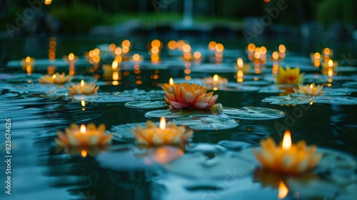 Tranquil water lilies and floating candles at dusk