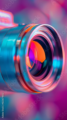 Vibrant camera lens with colorful bokeh background