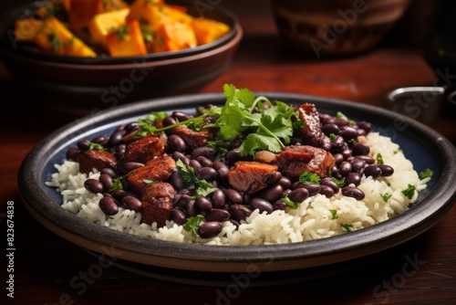 Delicious feijoada on a rustic plate against a rustic textured paper background