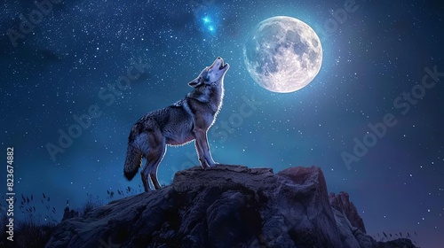 majestic wolf howling at luminous full moon in starry night sky digital art