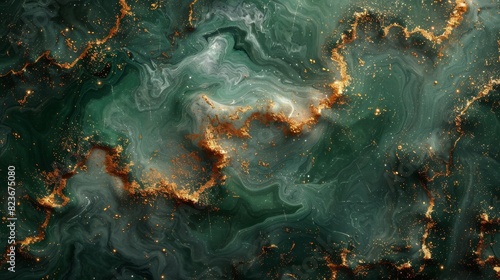 An artistic blending of green marble and swirling golden fragments, suggesting luxury and natural beauty photo