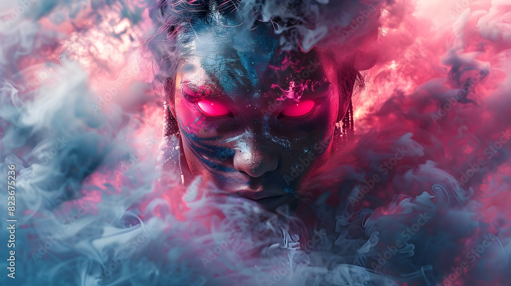 Striking 3D CGI Portrait of a Fierce Cyborg Eagle Warrior with Vibrant Swirling Color Smoke Backdrop Striking 3D CGI Portrait of a Fierce Cyborg Eagle Warrior with Vibrant Swirling Color Smoke Backdrop