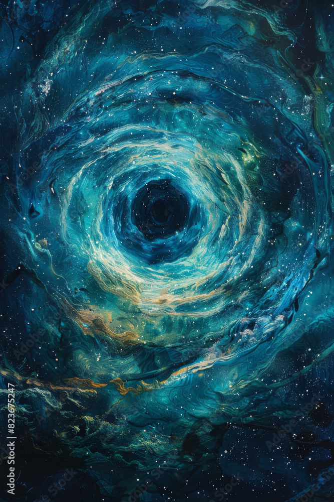 A blue and white painting of a spiral galaxy with a large hole in the middle A blue and white painting of a spiral galaxy with a large hole in the middle