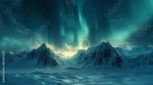 Majestic mountain peaks under a captivating green aurora in a barren arctic landscape create a stunning scene