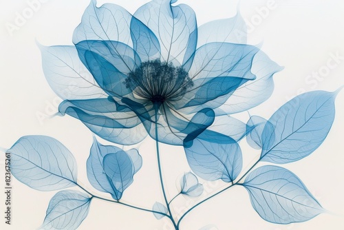 Elegant blue x-ray image of delicate flower and leaves photo