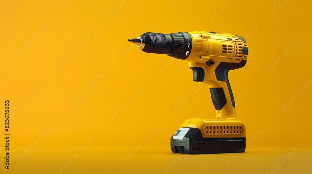 Power drill on vibrant yellow background clean and simple composition. Power drill on vibrant yellow background clean and simple composition.