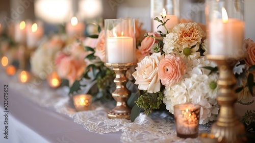wedding decor luxe, elegant lace runners and gold candle holders elevate the wedding receptions beauty with a touch of romance and timelessness