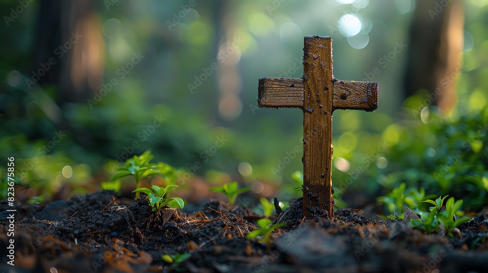 A wooden cross stands in the middle of a forest. A wooden cross stands in the middle of a forest.