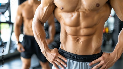 Athletic young adult showcasing chiseled abs at gym setting