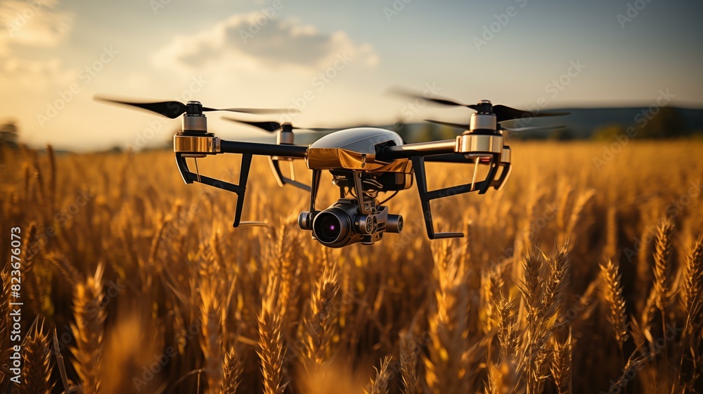 A drone flying over a golden wheat field at sunset, smart tech used for monitoring the fields in agriculture A drone flying over a golden wheat field at sunset, smart tech used for monitoring the fields in agriculture