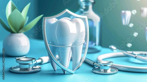 Protect your smile. Teeth and shield. Dental concept. 3D rendering. photo