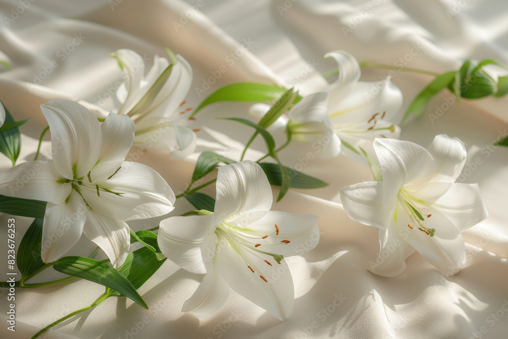 A bouquet of white flowers is arranged on a white cloth A bouquet of white flowers is arranged on a white cloth