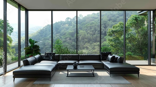 minimalist black leather sofa in spacious modern living room expansive windows overlooking lush forest luxurious villa interior design 3d rendering