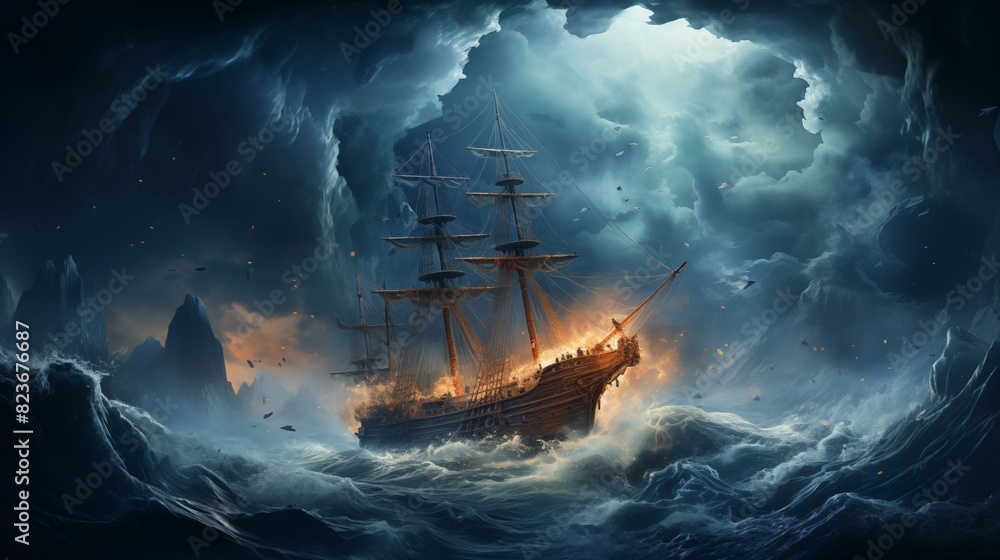A lost ship sailing in the storm on a rough sea, about to collide with ...
