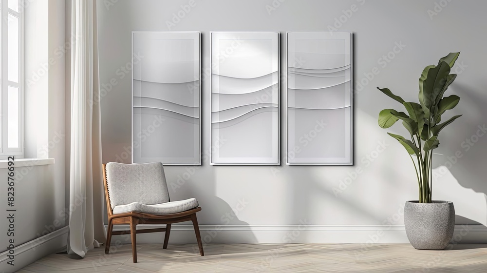 minimalist interior with framed artwork mockup on white wall 3d illustration minimalist interior with framed artwork mockup on white wall 3d illustration