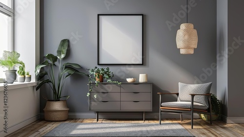 minimalist gray living room interior with modern dresser and square poster serene home decor