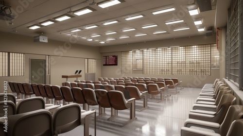 3D rendered image of an empty, modern classroom with rows of brown chairs and a clean, clinical appearance, ideal for educational or institutional themes.