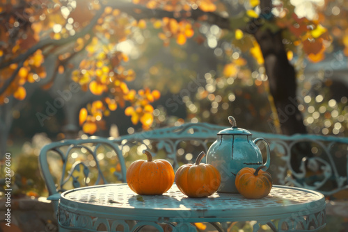 A table with a teapot and four pumpkins on it
