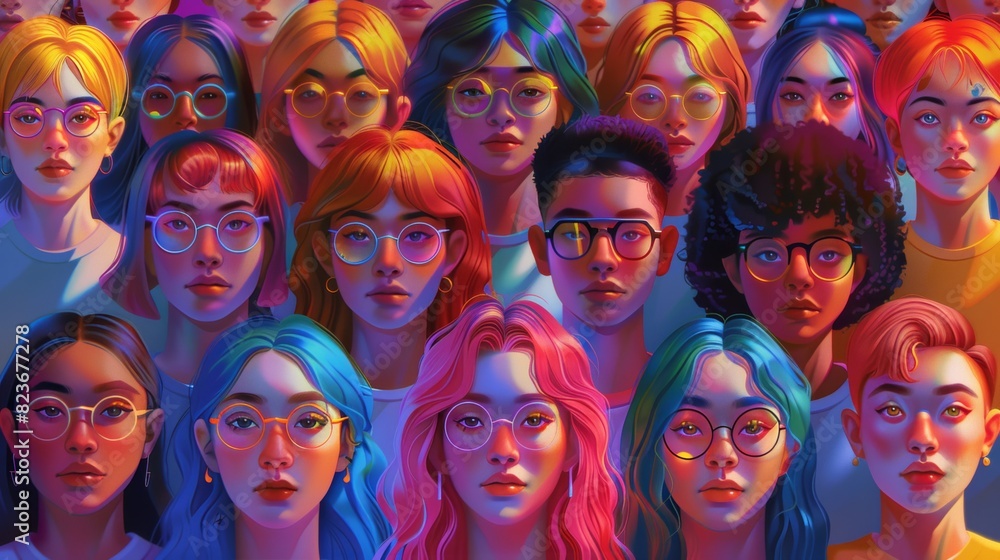 Diverse group of young adults with colorful lighting Diverse group of young adults with colorful lighting