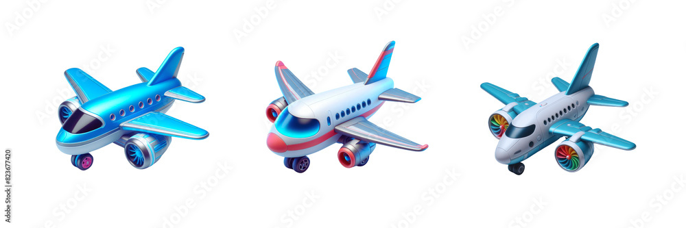 Naklejka premium Set of Three 3d Cartoon Airplane toy, isolated over on transparent white background