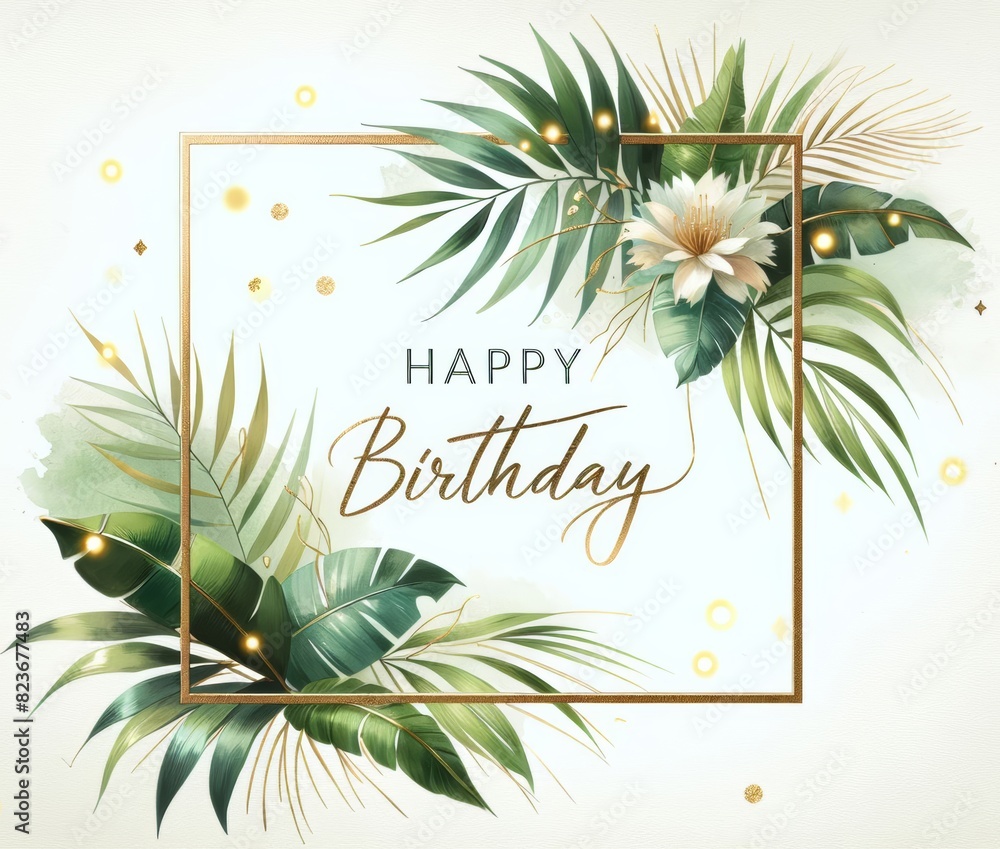 Fototapeta premium Tropical-themed birthday card with green leaves, white flower, and gold elements on light background